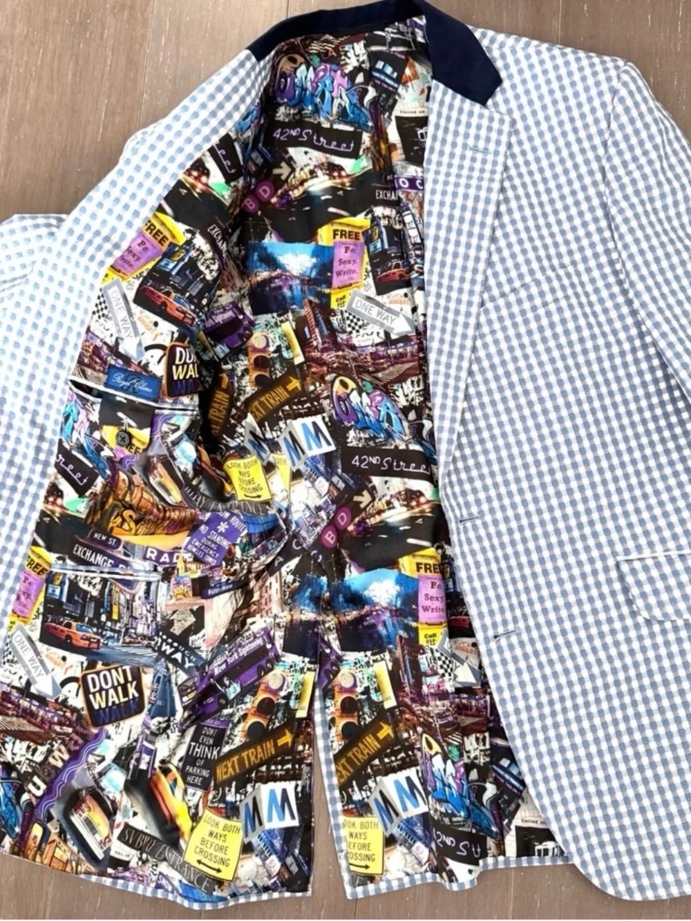 Tom James Gingham Custom Blazer City Signs Mens Sz 42R